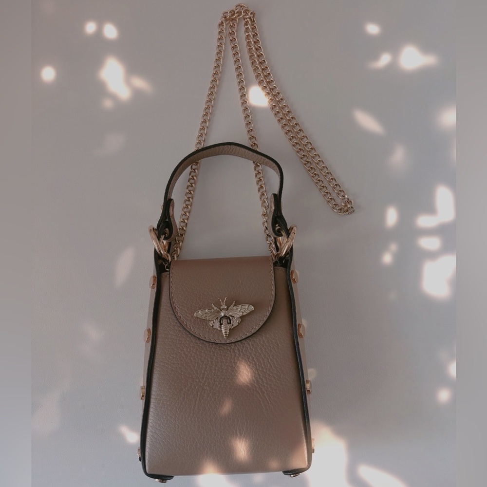 Italian Leather Bumble Bee Hardware Lock Top Handle Hand + Crossbody Chain Bag